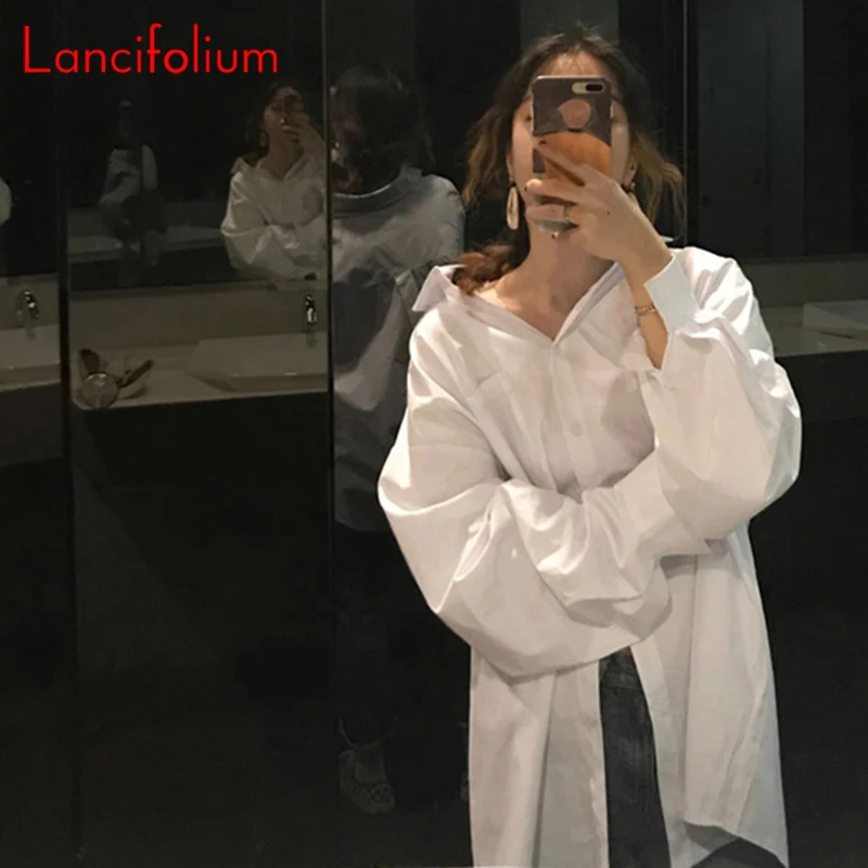 Женская блузка с длинным рукавом-фонариком белая рубашка в стиле бойфренда