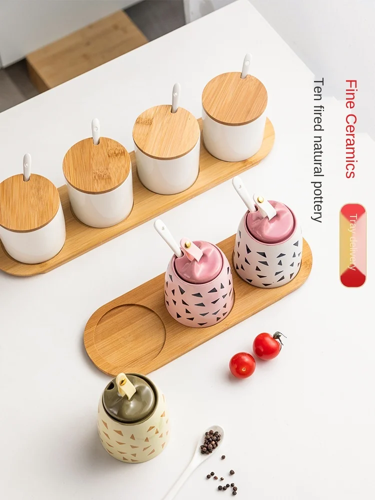 

Spice Box Combination Set Kitchen Household Nordic Seasoning Jar Glass Seasoning Jar Ceramic Salt Jar Seasoning Box
