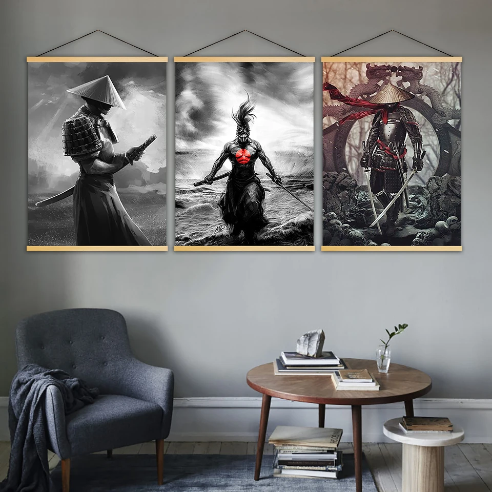 

Japanese Samurai Poster Black and White Figure Art Painting Wall Prints for Bedroom Frameless Home Room Decor Picture