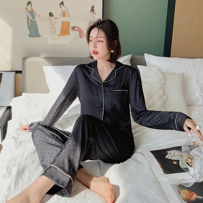 

2021 Spring Summer Couple Pajamas Women's Cardigan Long-sleeve Trousers Ice Silk Suit Simple Fashionable Thin White Pijama Homme