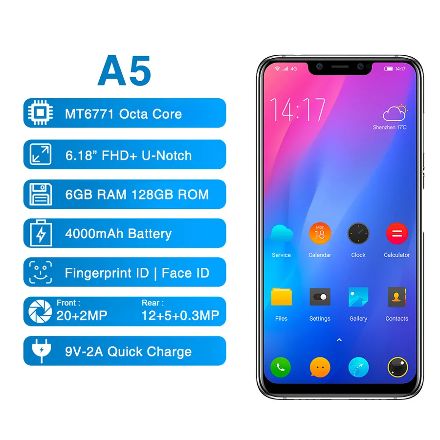 Elephone A5 6,1" Android 8,1 P60 MT6771 четырехъядерный 6 ГБ ОЗУ 128 Гб ПЗУ 12MP+ 20MP распознавание лица отпечаток пальца 4G OTG Мобильный телефон