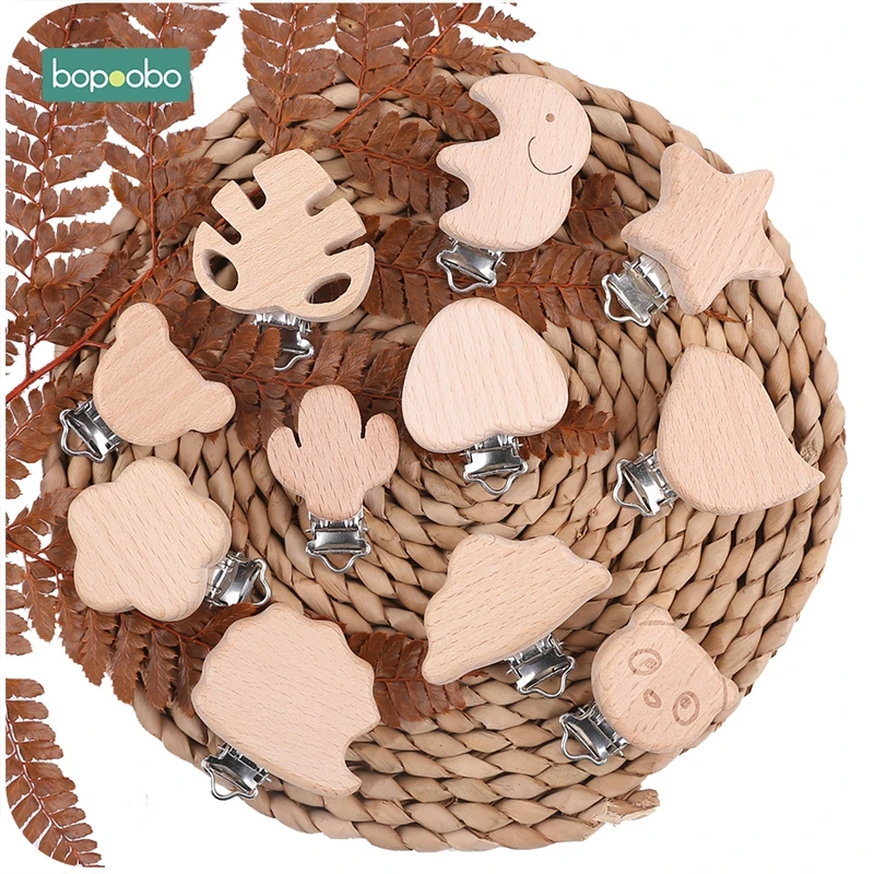 Bopoobo, 2 шт., деревянная соска, Детские аксессуары, деревянная Соска с животным, металлические зажимы, держатель, сердце, соска, деревянный детский Прорезыватель