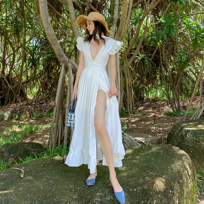 

Женское вечернее платье макси с разрезом, однотонное белое пляжное платье с открытой спиной, высокой талией, глубоким V-образным вырезом и о...