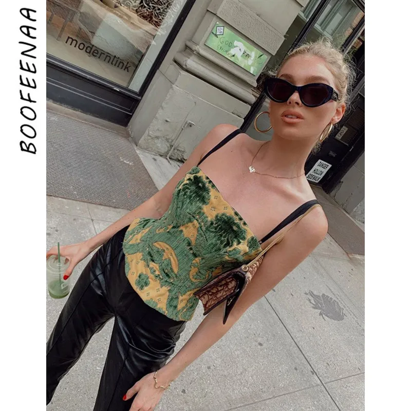 BOOFEENAA модный принт Сексуальные Уникальные укороченные топы 2019 открытая спина Cami