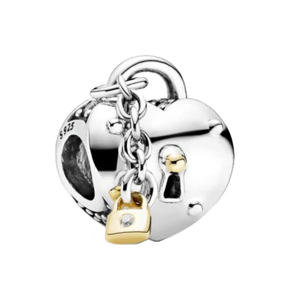 

2020 Winter New 925 Sterling Silver Beads Heart & Lock Charm fit Original Pandora Bracelet Christmas Jewelry
