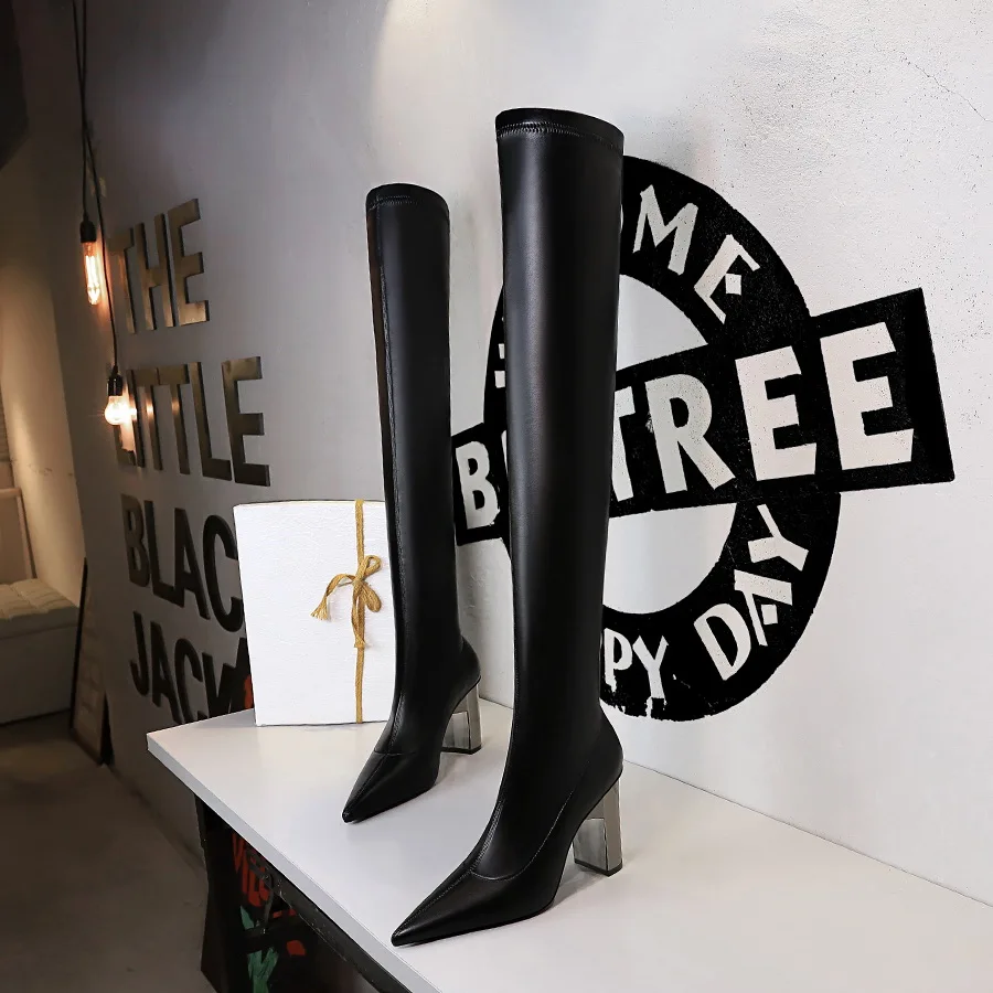 BIGTREE Women Black PU Leather Over-the-knee Boots Metal Square Heel Heels Shoes Sexy Pointed Toe Ladies Motorcycle Booties