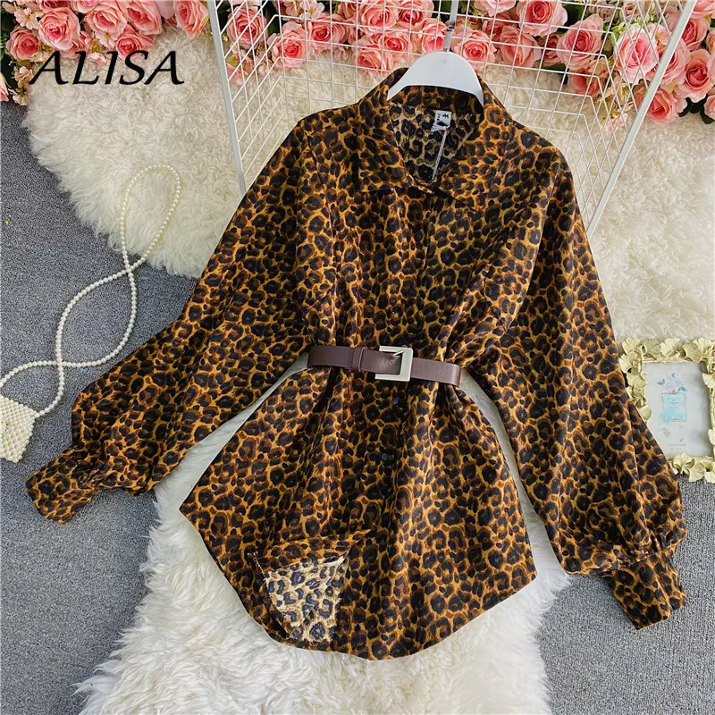

New Women Streetwaer Leopard Blouse Spring Autumn Slim Medium Long with Belt Shirts Woman Vintage Single-breasted Blouse Tops
