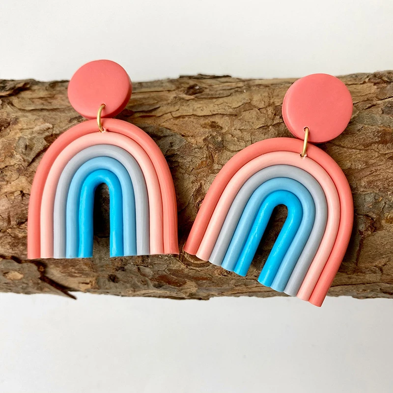 

Korea New Gradient Ceramic Clay Rainbow Geometric Arched Colorful Line Handmade Long Drop Earrings for Women Jewelry