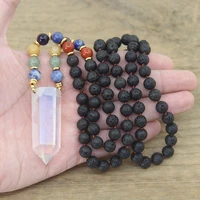 aura white quartz point pendants yoga jewelry 8mm lava stone round beads knotted handmade necklaces ab crystal towerqc0130