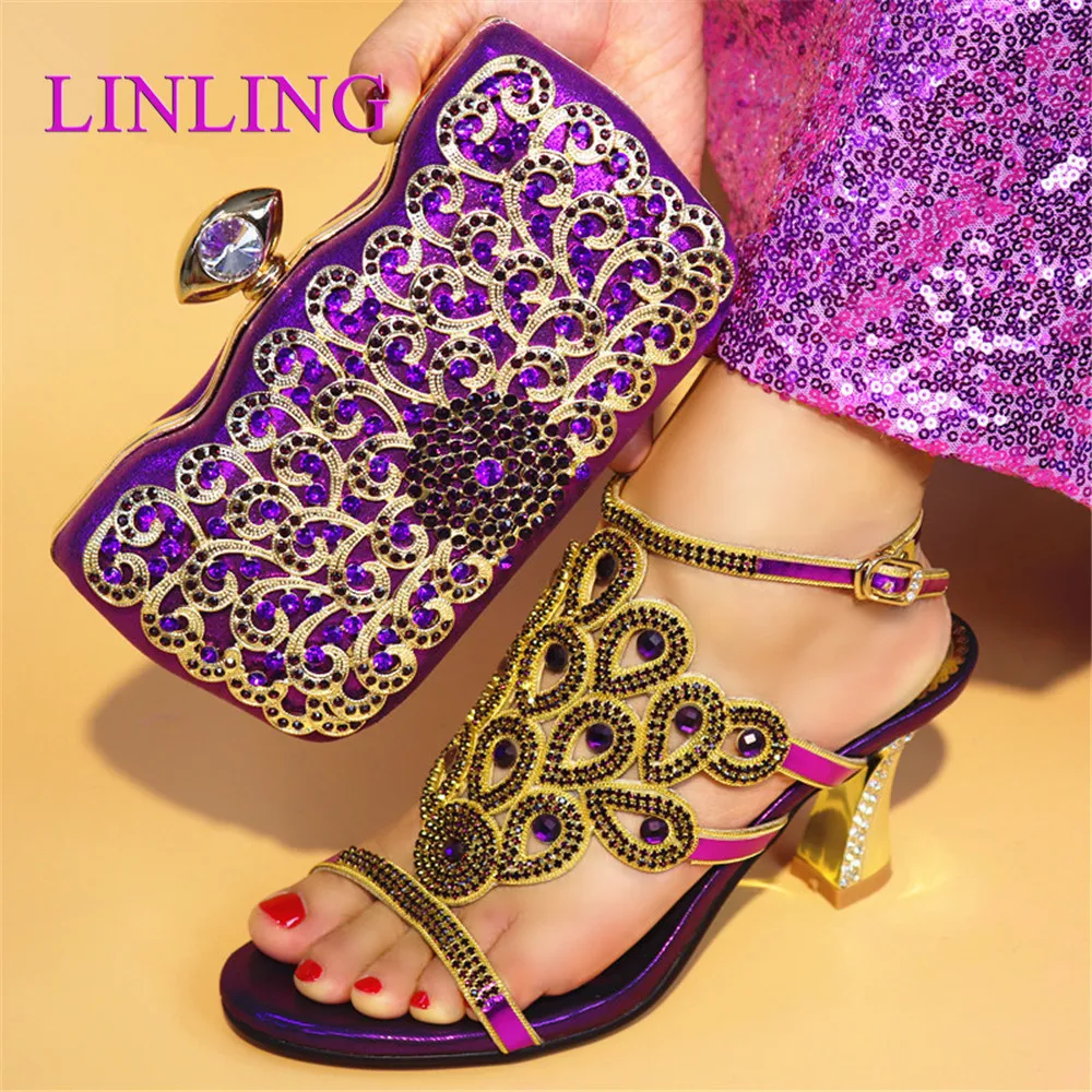 

Комплект обуви и сумочки фиолетового цвета, женская обувь и сумочка в африканском стиле для вечеринок, комплект из высококачественной обув...