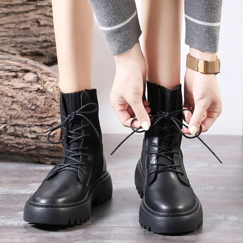 Женские ботинки из натуральной кожи черные Martens женские ботильоны мотоботы