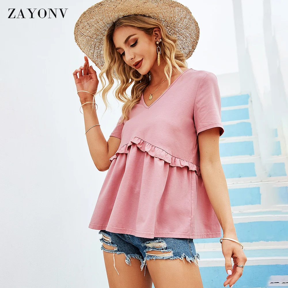 

Женские повседневные майки с V-образным вырезом и оборками, с коротким рукавом, сплошные блузки