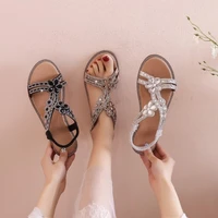 2021 women flat shoes summer luxury designer rhinestone sandals diamond elegant glitter beach sandals black silver gold sandals