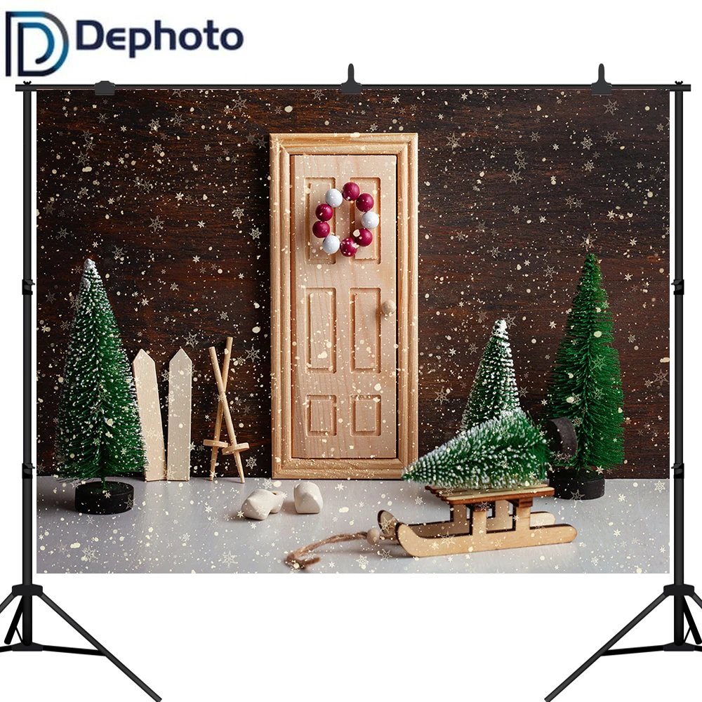 Виниловый фон для фотосъемки Рождественская елка деревянная дверь Снежинка