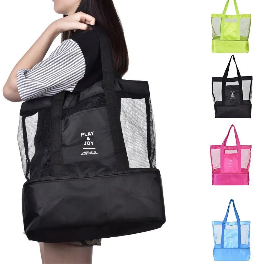 

Mesh Beach Bag Double Layer Picnic Cooler Single Shoulder Sports Tote Beach Toy Bag Picnic Storage Bag Bag Grid Multifuncti H3F1