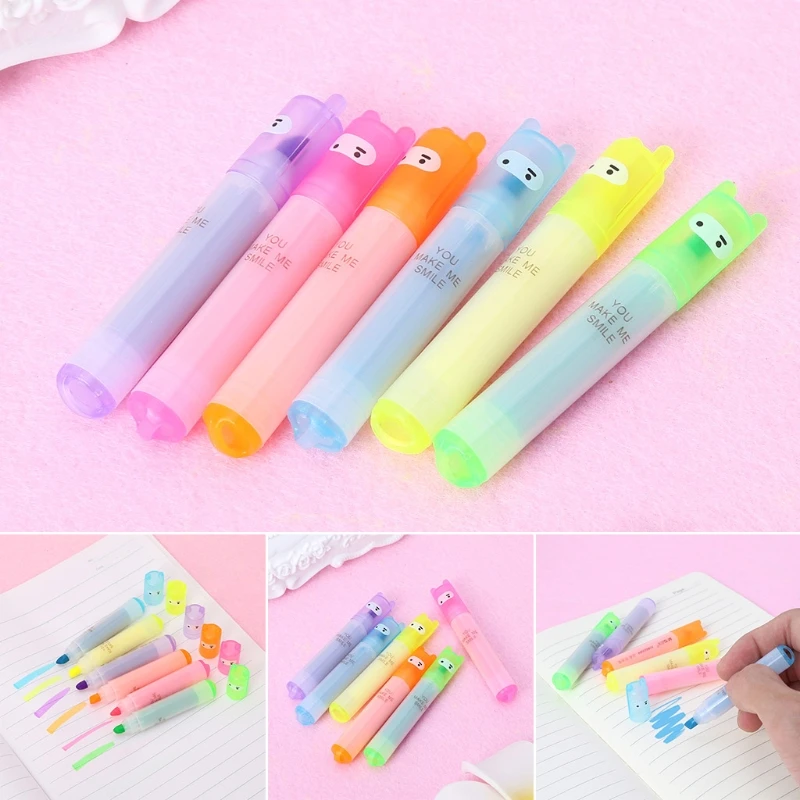

6 Pcs Korean Creative Mini Highlighter Lovely Cartoon Marking Pen Office Stationery