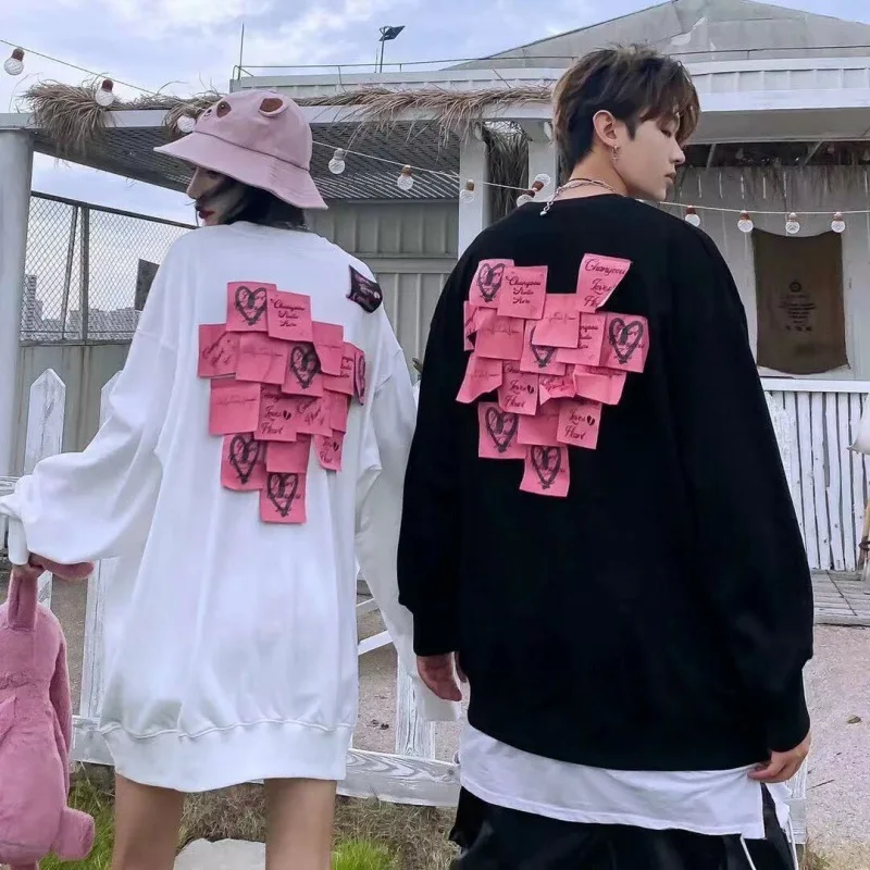 

Pink heart sticker sweater women's fashion Long Sleeve T-Shirt Top