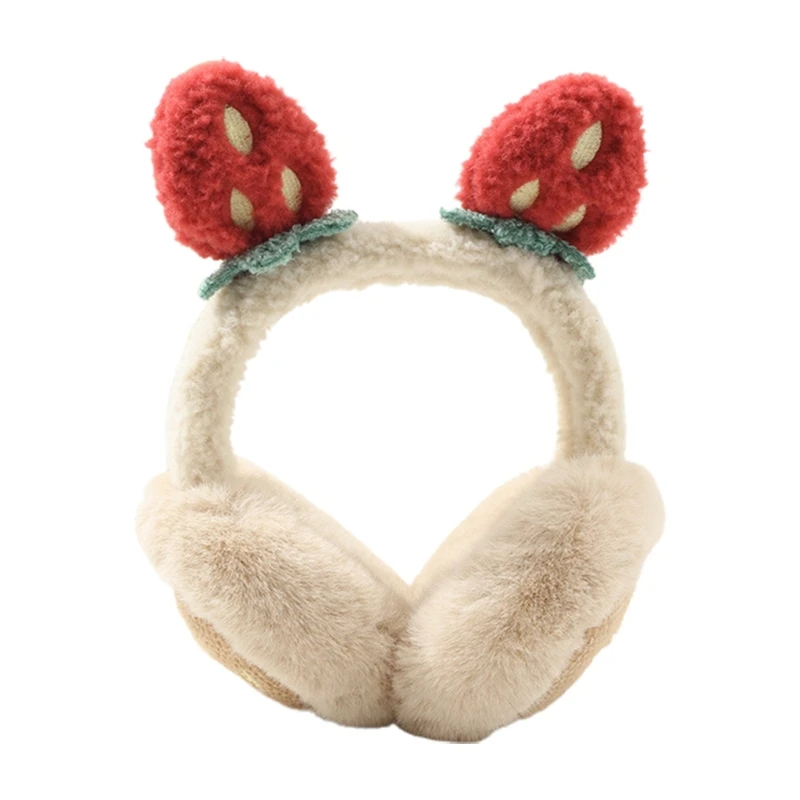 

2021 New Women Winter Fluffy Plush Earmuffs Cartoon Strawberry Foldable Ear Warmers Cover