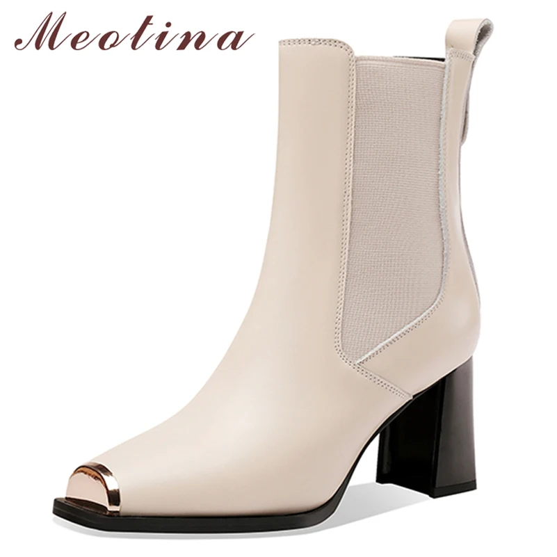 

Женские сапоги до середины икры Meotina, ботинки челси из натуральной кожи с квадратным носком, на толстом высоком каблуке, Осень-зима