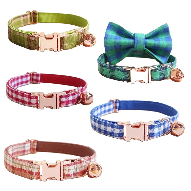 Personalized Cat Collar Customized Kitten Puppy Dog Collars with Bell Bow tie Engraved Cats Necklace for Cat Kitten Collar Plaid