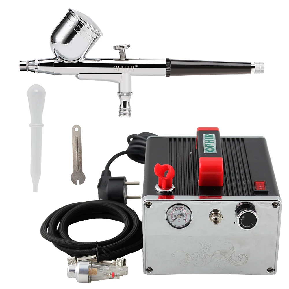 OPHIR Portable 0.3mm Airbrush Kit with Air Compressor for Model Hobby Cake Decorating Nail Art Airbrush Makeup Set _AC091+AC004