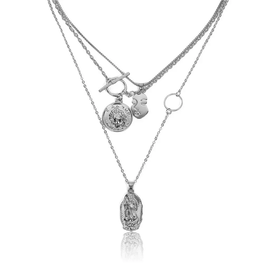 

Multilayers Carved Face Pendant Necklace For Women Daily Wear Necklace Collar Jewelry Party for Female Best Gifts