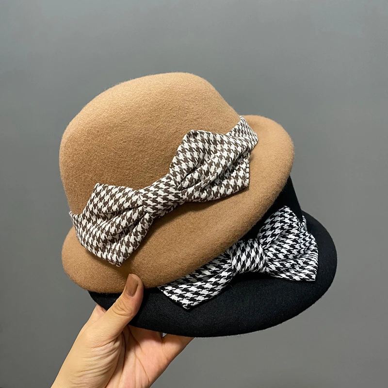 

2021 New Autumn Winter Church Hats Bow Wool British Retro Fashion Fedora Hats For Women Felt Hat Derbies Femme Luxury Hats