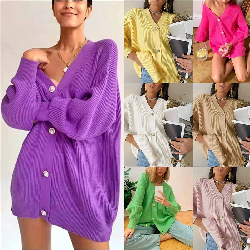 

Casual V-neck Knitted Cardigan Women Buttons Loose Lantern Sleeve Sweaters Female Basic White Autumn Winter Tops