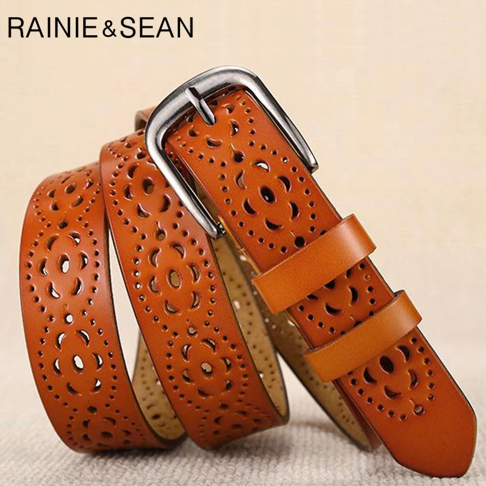 Черный кожаный ремень RAINIE SEAN женский из натуральной кожи с вырезами в западном