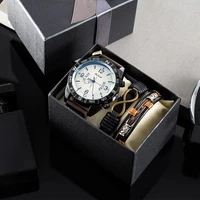 3pcs men wristwatch bracelets male clock quartz watch luxury calendar wrist watch with leather bracelet gifts relogio masculino