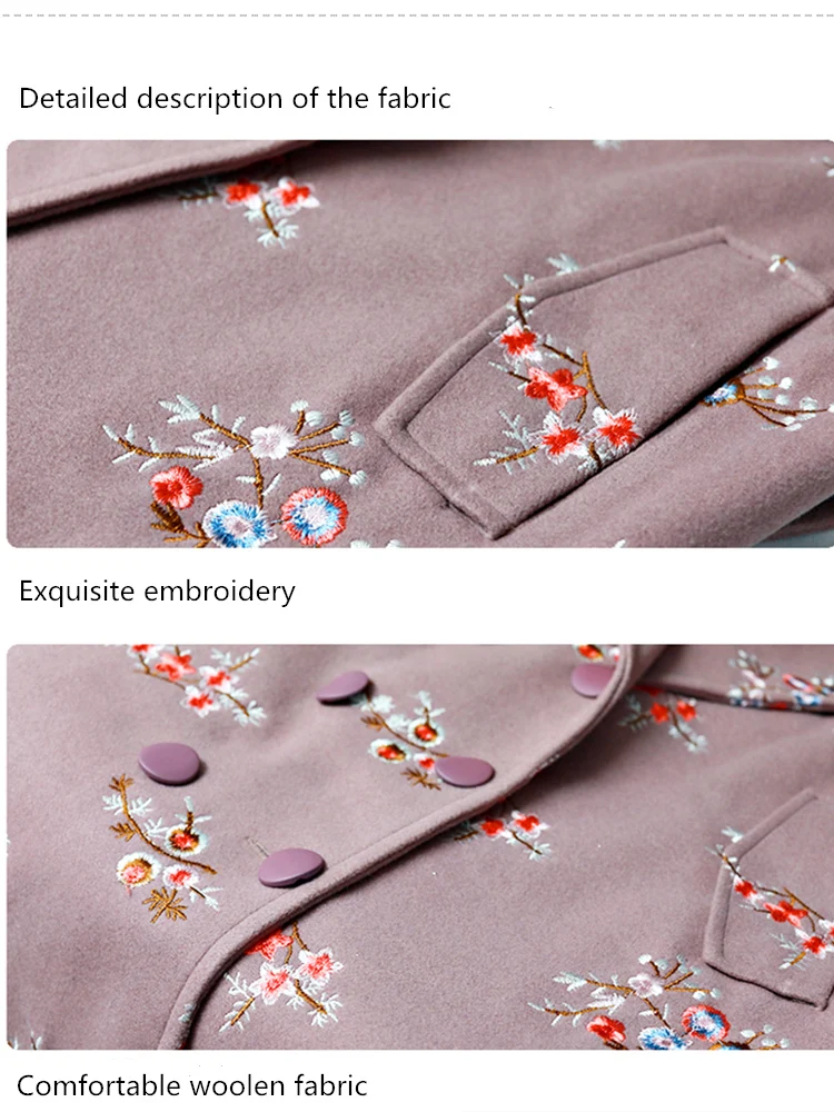 

Store Autumn Jessica's Winter Women Sweet Casual Loose Luxury Embroidery 3/4Sleeve Double Breasted Belted Long Woolen Jacket