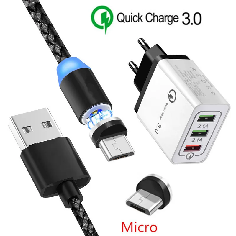 EU charger and cable Магнитный Micro USB кабель для samsung Galaxy J7 J5 J3 J4 huawei Y5 Y6 LG G3 Stylo 3 Oppo A7 android Phone QC 3,0 USB быстрое зарядное устройство - Тип штекера: EU charger and cable