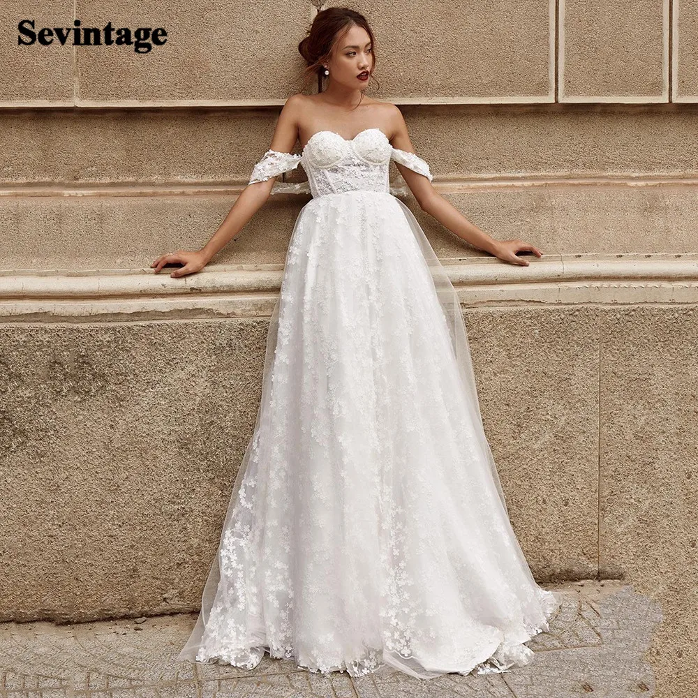 

Luxury Beading Lace Wedding Gowns 2021 Sweetheart Soft Tulle Boho Wedding Dresses Off the Shoulder Princess Beach Bridal Gown