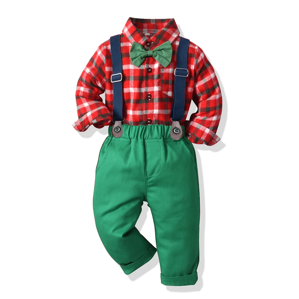 

Tem Doger 2021 Spring New Boys Clothing Set Toddler Christmas Clothes Baby Boy Gentleman Bowtie Shirt+Suspenderand Pants 2pcs