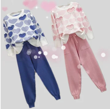 

Fashion women's suit autumn small taller casual knitted long-sleeved top + trousers two-piece hot sale