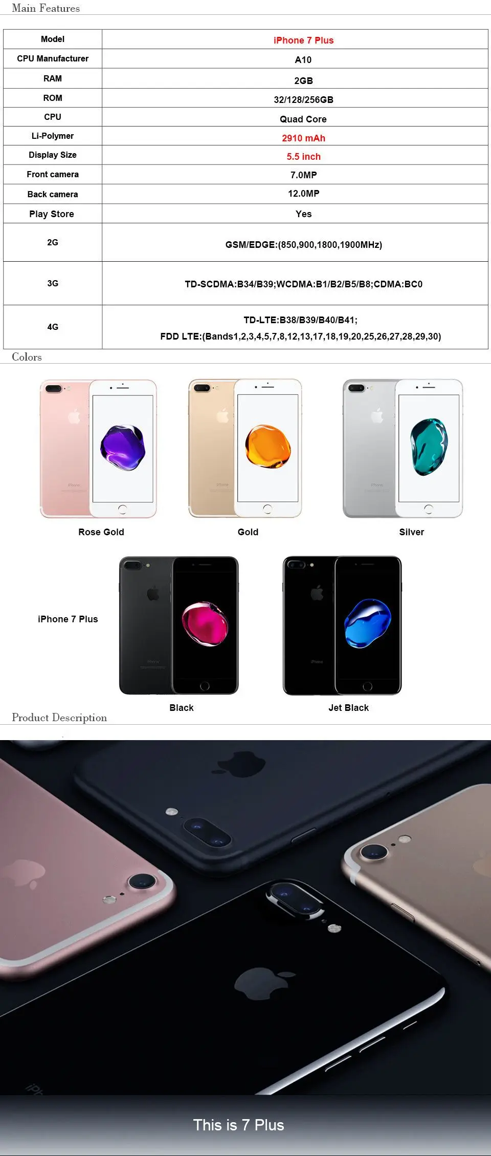 Apple iPhone 7 Plus 5," 3 ГБ ОЗУ 32/128/256 Гб ПЗУ четырехъядерный IOS 12.0MP iPhone7P отпечаток пальца 4G LTE мобильный телефон