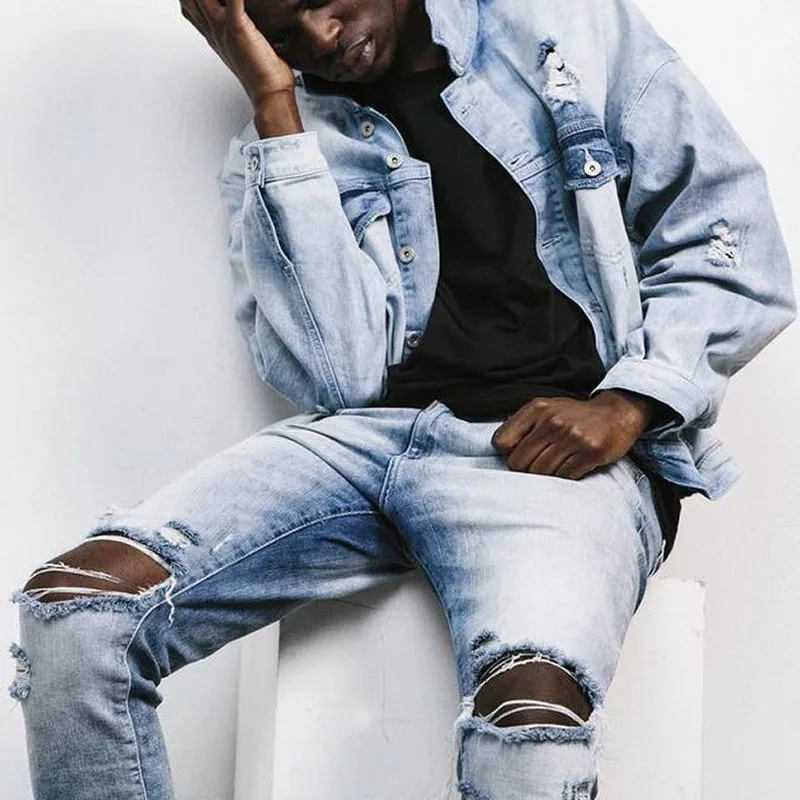 

Men High Street Fashion Ripped Jeans Male Korean Style Skinny Pants Stretchy Hole Denim Scratched Personality Design Trousers