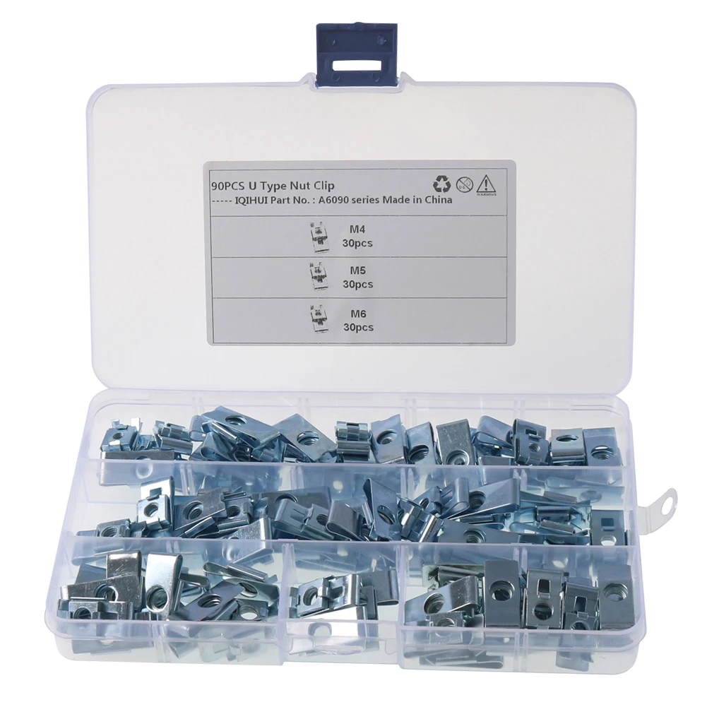 

90 Packs Galvanized Carbon Steel Clip U Clamp Metal Nut Screw Anti-Rust Non-Fading M4 M5 M6 U Type Quick Nut Assortment