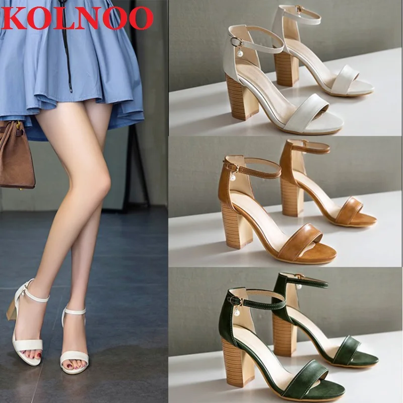 KOLNOO New Womens Handmade Chunky Heels Sandals Simple Summer Style Open-Toe Evening Party Prom Daily Wear Fashion Casual Shoes