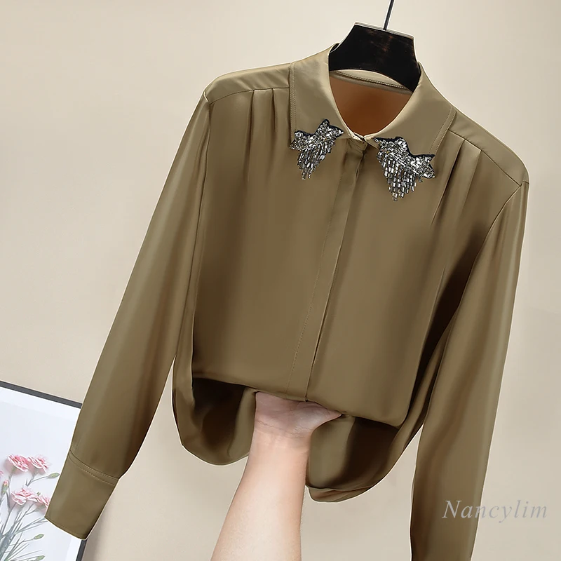 

Autumn Top Women's New Temperament Long Sleeve Beads Tassel Lapel Chiffon Shirts and Blouses Lady Blusas All-Match Solid Color
