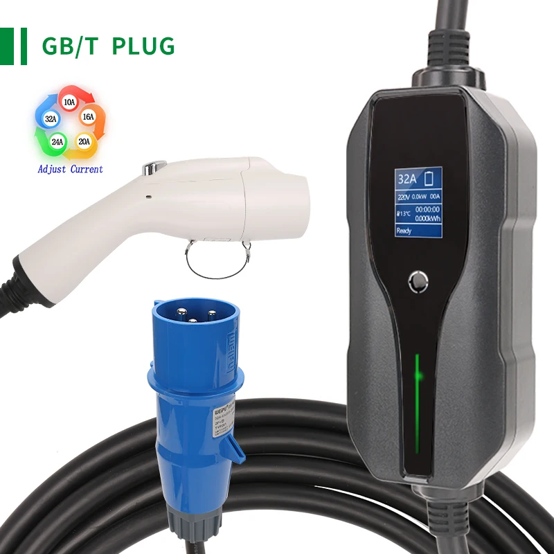 GB/T Portable EV Charging Level 2 32 Amp Electric Vehicle Charger 7.4KW, CEE Plug 220-240V EVSE Car Charger Cable