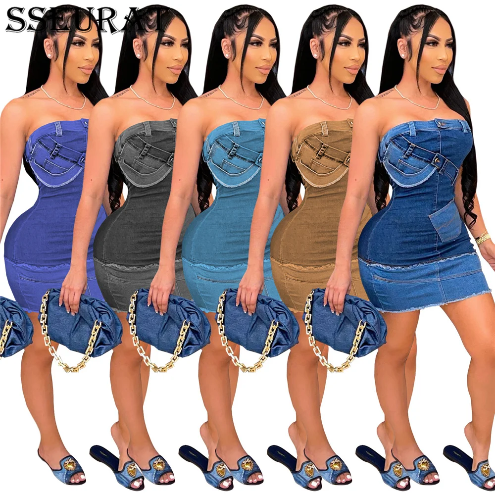 

Женское облегающее мини-платье-карандаш без бретелек с имитацией джинсовой ткани