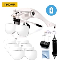 tkdmr usb rechargeable headband glasses magnifier 2led light lamp illuminated magnifying eyewear for tool repair embroidery read