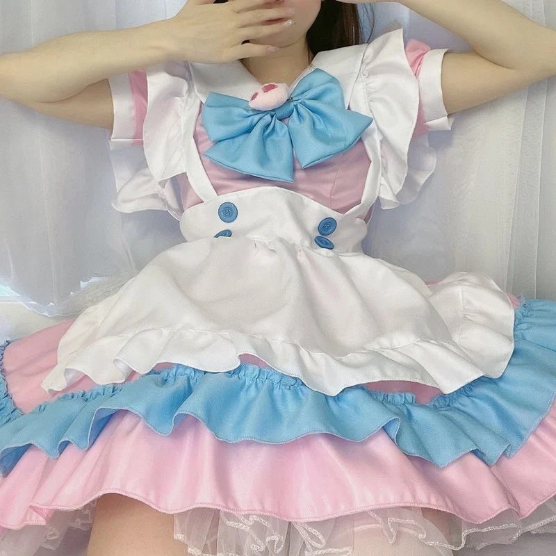 

Women Maid Anime Dress Cute Cat Pink Blue Lace Trim Apron Cat Paw Sweet Lolita Dresses Cosplay Costume Full Set Plus Size Dress