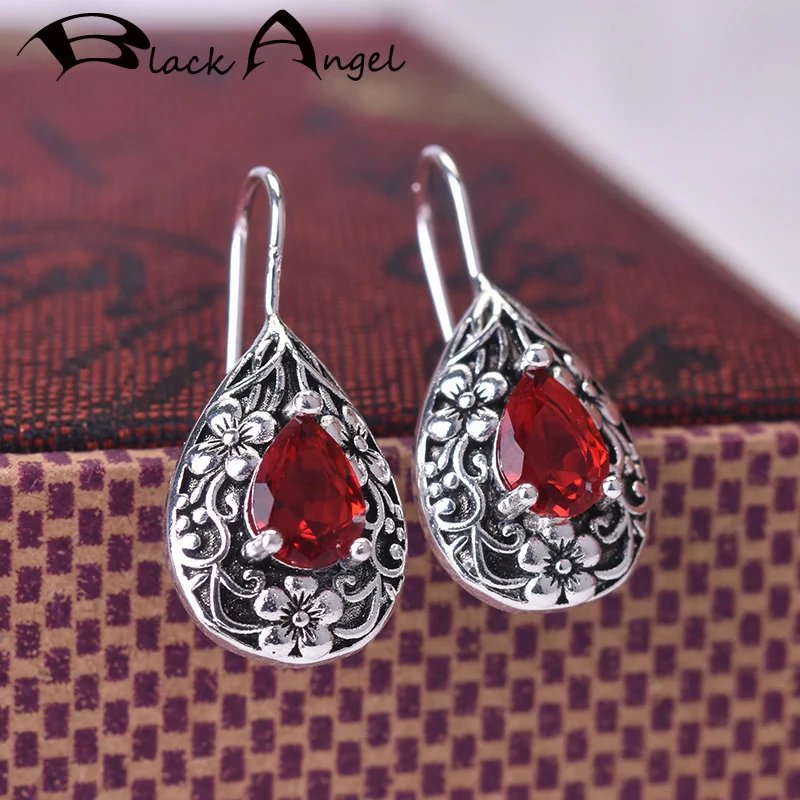 

BLACK ANGEL Vintage Thai Silver Water Drop Shaped Pattern Luxury Ruby Gemstone Drop Earrings For Women Jewelry Christmas Gift