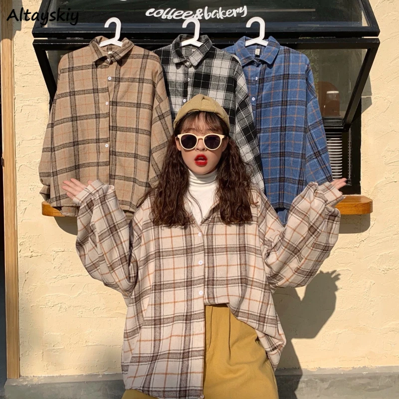 

Women Shirts Autumn Plaid Turn-down Collar Tops Female All-match Batwing Sleeve Harajuku Retro Simple Korean Style Chic Leisure