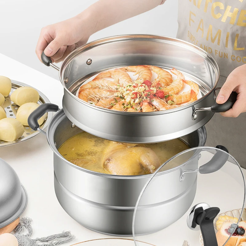 

Stainless SteelDouble-layer Thick Steamer Multifunction Soup Steam Pot Universal Cooking Pots for Induction Cooker Gas Stove