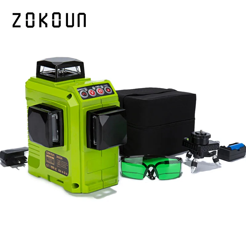Zokoun CE сертифицированный 3x360 зеленый лазерный уровень линий с батареей 5200 мАч и горизонтальными и вертикальными линиями, работающими отдельно