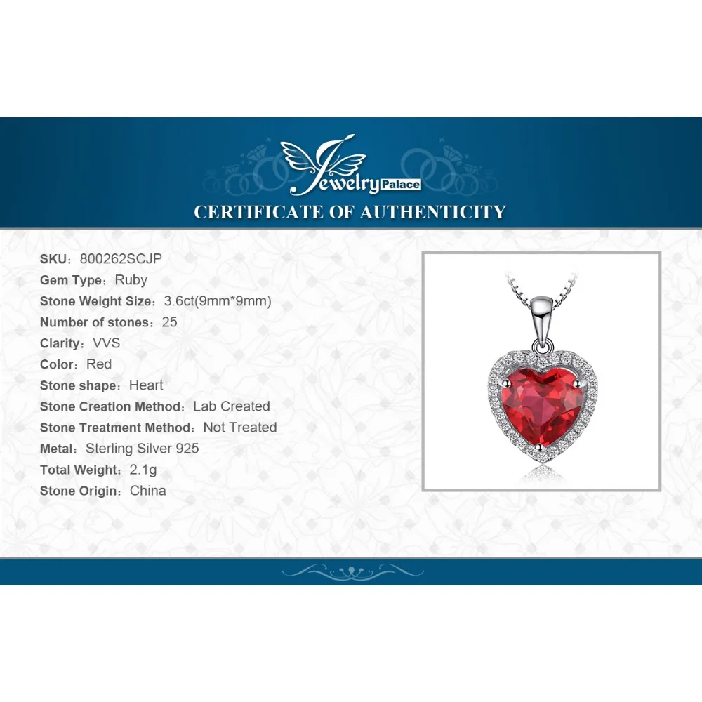 

JPalace Heart Created Red Ruby Pendant Necklace 925 Sterling Silver Gemstones Choker Statement Necklace Women No Chain