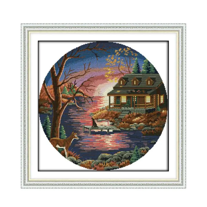 Tela estampada con patrones de punto de cruz para decoraci&oacute;n del hogar, Kit de costura bordada con patrones de Joy Sunday, Sunset, Lake Villa, 11CT, 14CT-0